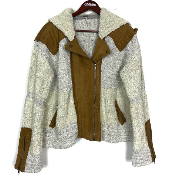 Free People Counting Sheep Sherpa Suede Moto Jacket Medium Large Oatmeal Camel - Picture 5 of 15